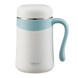 PINKAH new launched 380ml leakproof powder coated double wall insulated vacuum stainless steel mug with handle and tea filter