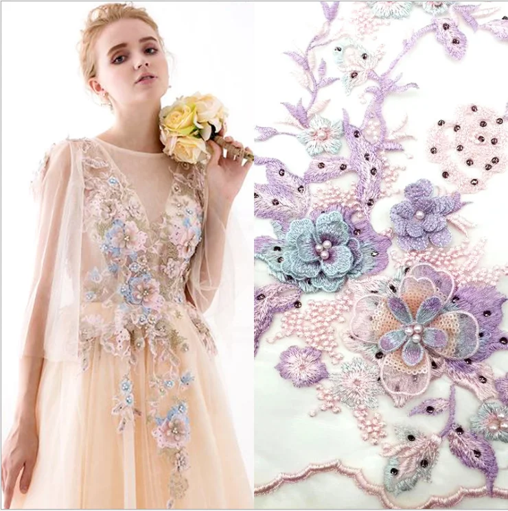 2019 colorful 3D embroidery tulle lace fabric beaded tulle lace fabric wholesale