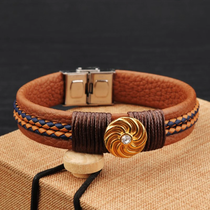 Beautiful Unique Unisex Designs Brown Leather Strap Bracelets With Gold Charms Stud