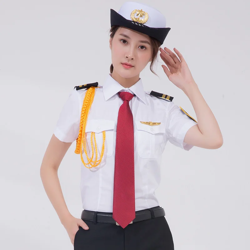 White short sleeve security guard uniform shirt for woman with cap