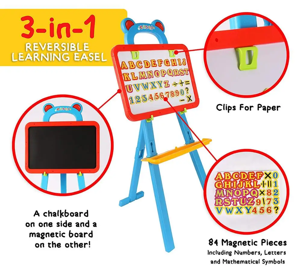 Kids 3-in-1 Chalkboard and Whiteboard Easel - Reversible Magnetic Dry Erase and Paint Board with Chalk, Eraser, and 84 Magnets