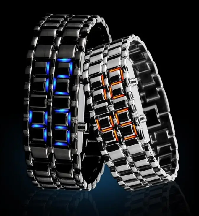 2015 hot lava style red &blue light led iron watches top quality stainless steel watch case iron samurai led brand watch