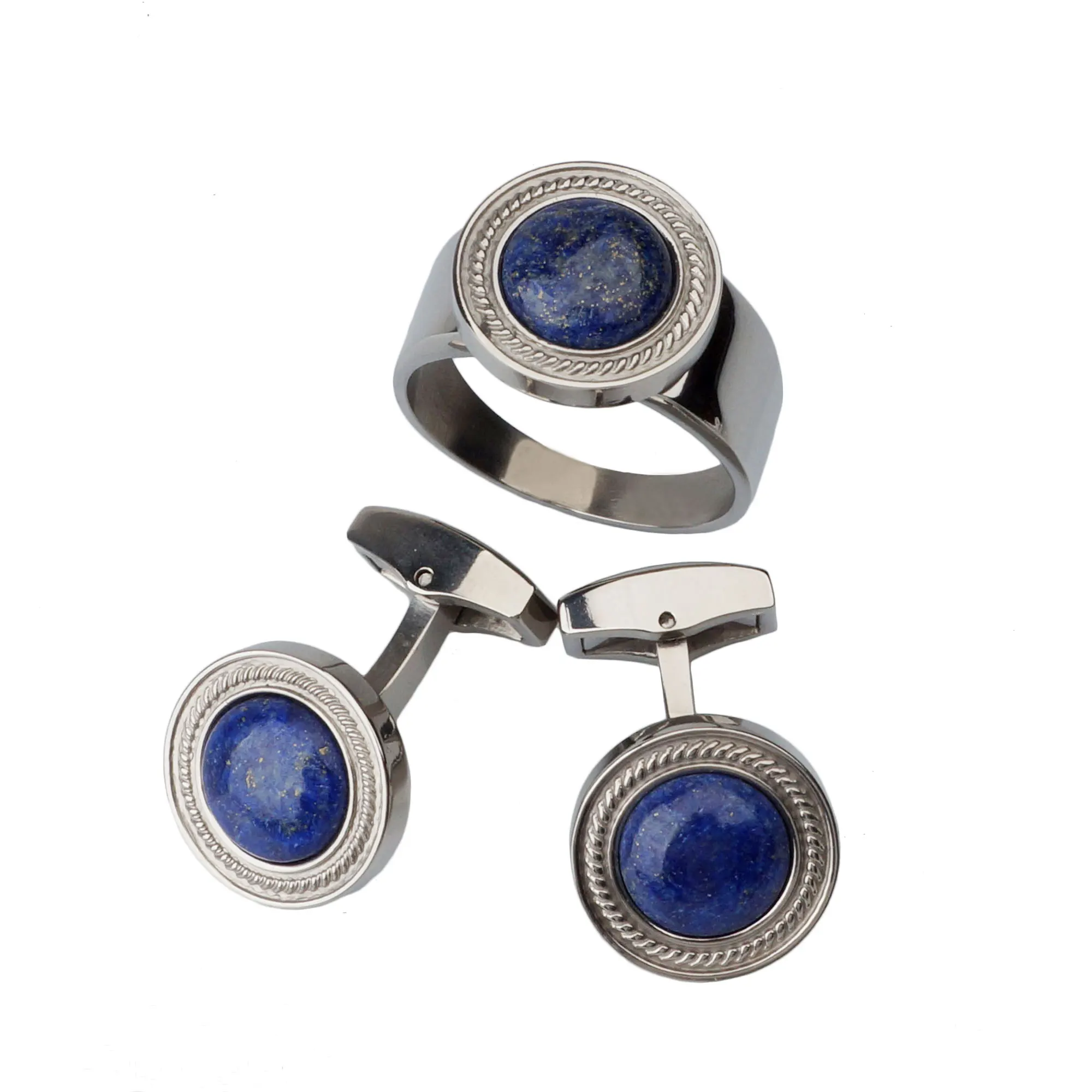 
Luxury Gemstone Lapis Lazuli Turquoise Titanium Cufflinks and Ring Jewelry Set 