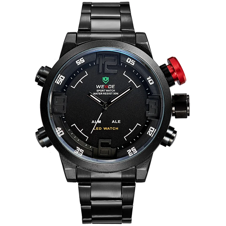 WEIDE WH2309 LED Digital Men Sports Quartz Watches Fashion Wristwatch 3 ATM Water Resistant Stainless Steel Watch