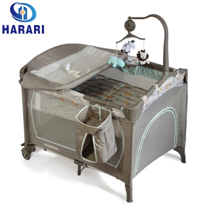 factory cheap Foldable baby cot playpen with music and toys bar
