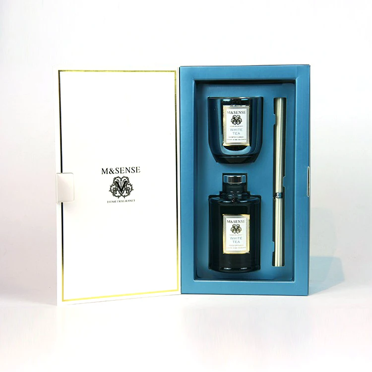 M&sense Giftset White Tea 150g Scented Candle 180 Ml Candle Jar Gold Glass Essential Oil Diffuser