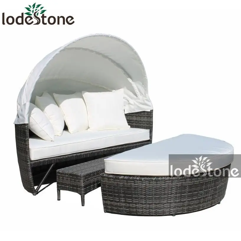 Hangzhou Outdoor furniture Aluminum Frame Rattan Sunbed With Canopy round rattan daybed