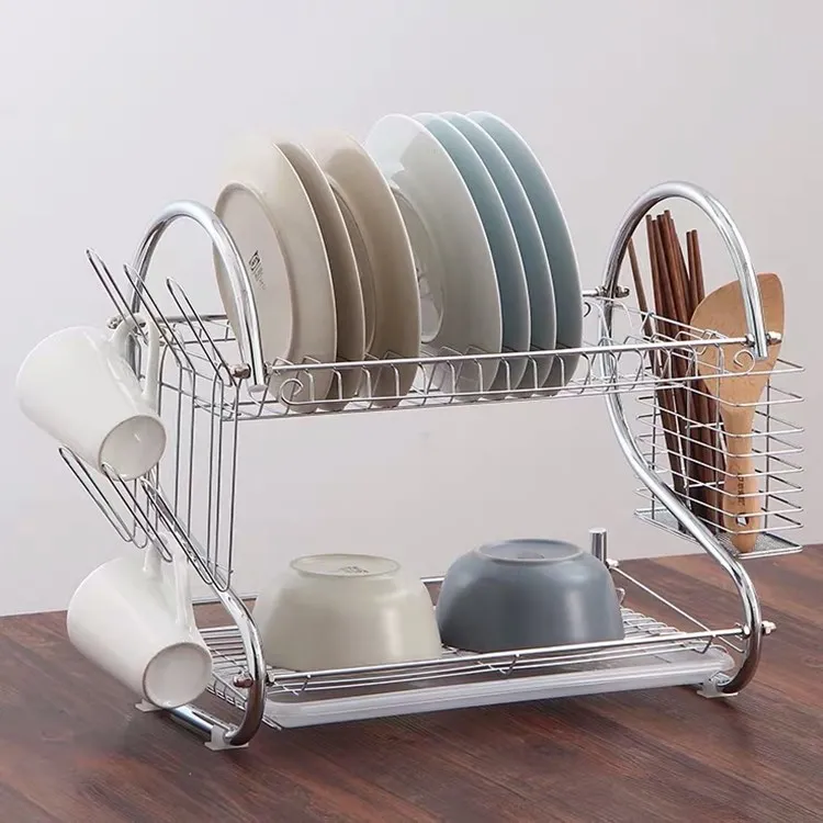 COOKBEST 2 tier kitchen counter chrome plated dish drying rack with dish drainer
