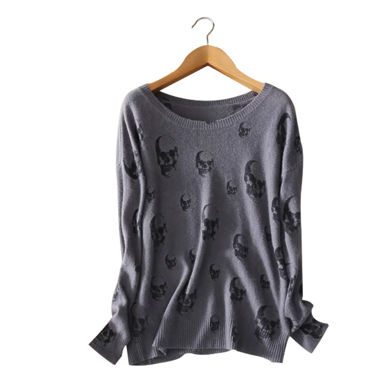 100 pure cashmere skulls pullovers O neck long sleeve purple gray sweater autumn font b winter