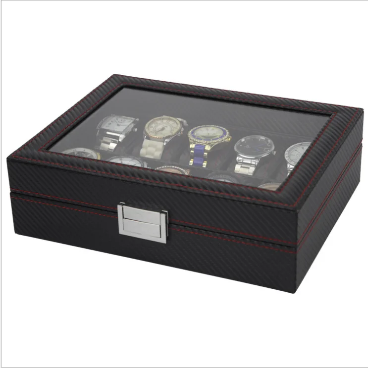 10 Slot Fashion Men Leather Carbon Fiber Luxury Black Pu Wrist Watch Organizer Display Storage Box