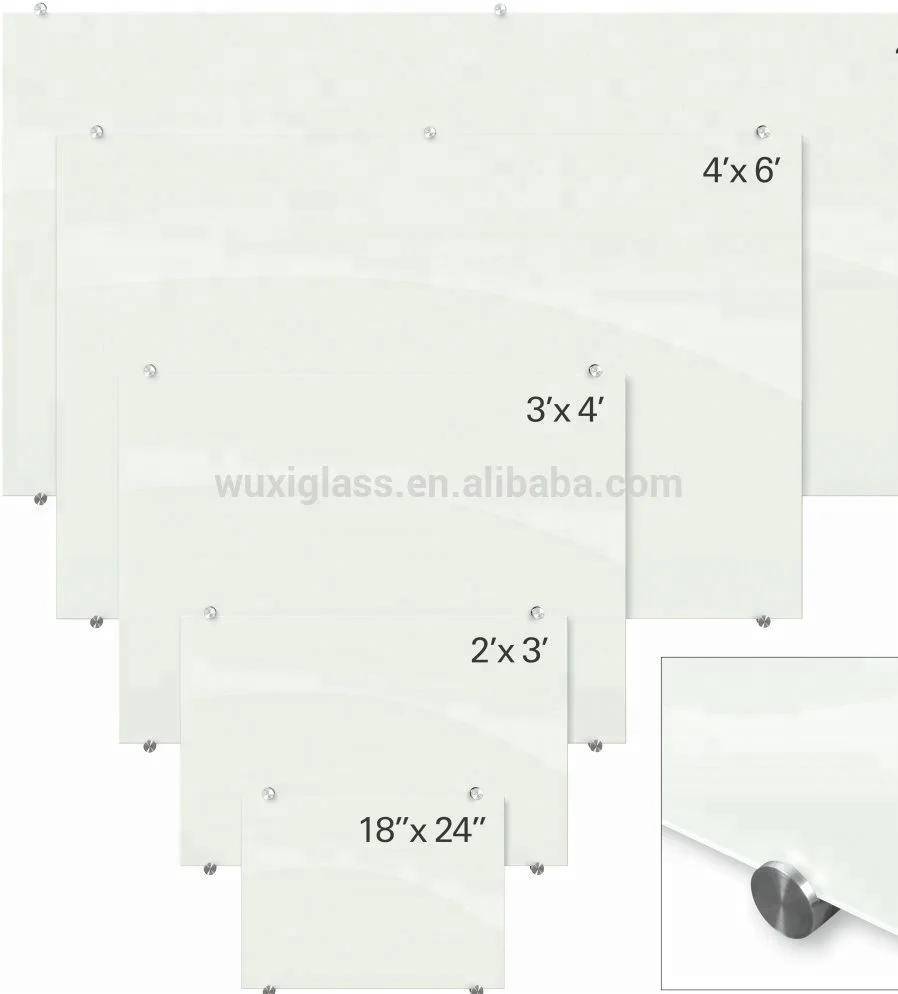 Customized Wall Mounted Magnetic glass white board With Glass Clamp installed