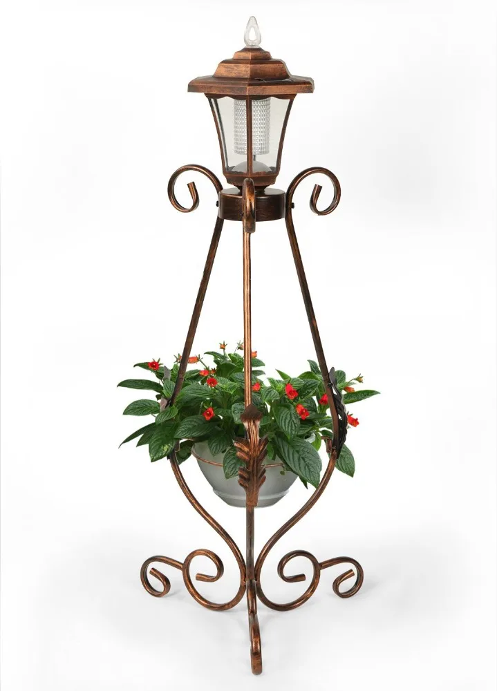 Outdoor Metal Plant Stand With Solar Lantern For Garden