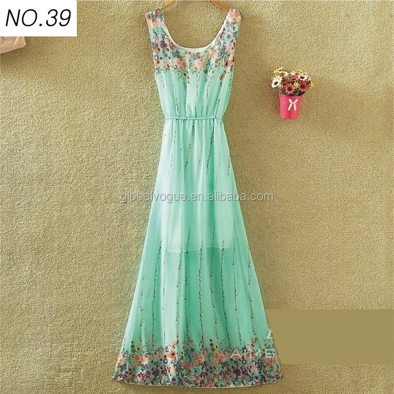 2015 summer hot sales women vacation beach bohemian dress,floral dress sleeveless vest chiffon dress