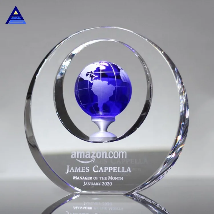 Wholesale Home Decoration Blue Circle Plaque Award Trophy Crystal Glass World Globe