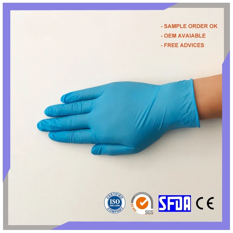 Household Cheap Waterproof Oil Resistant Blue Disposable Pure Nitrile Gloves Powder Free