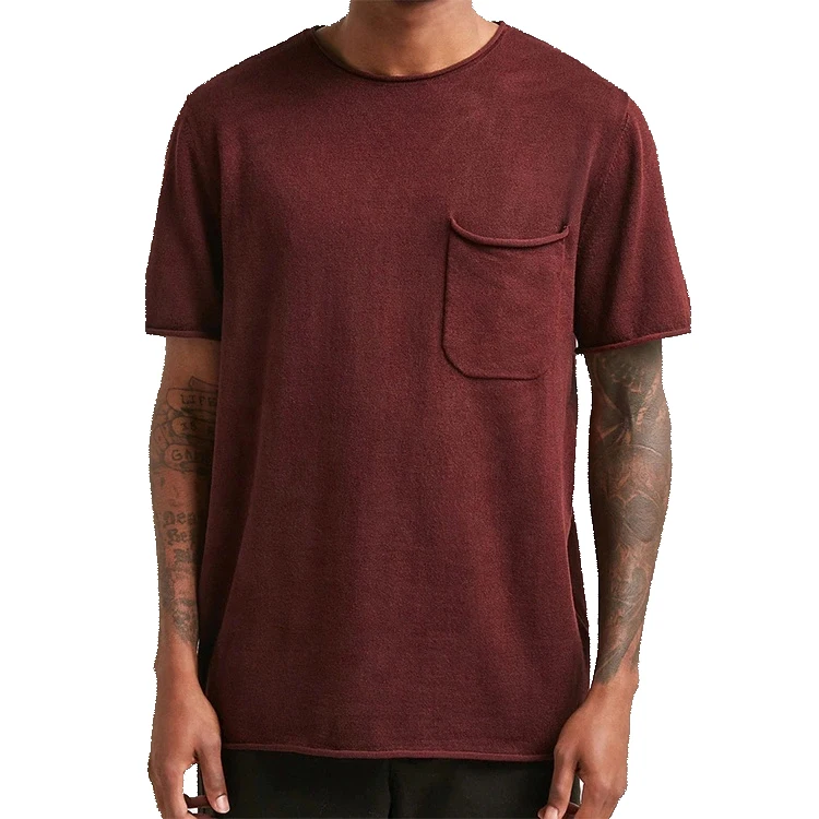OEM Clothing Supplier Custom O Neck Solid Men Maroon T Shirt With Patch Pocket Mens Raw Edge T Shirt