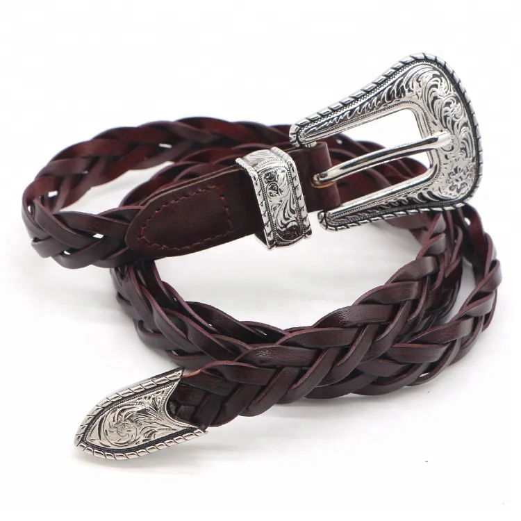 New vintage woven carved leather ladies thin belt pin buckles leather belt fashion wild casual narrow waist seal for women