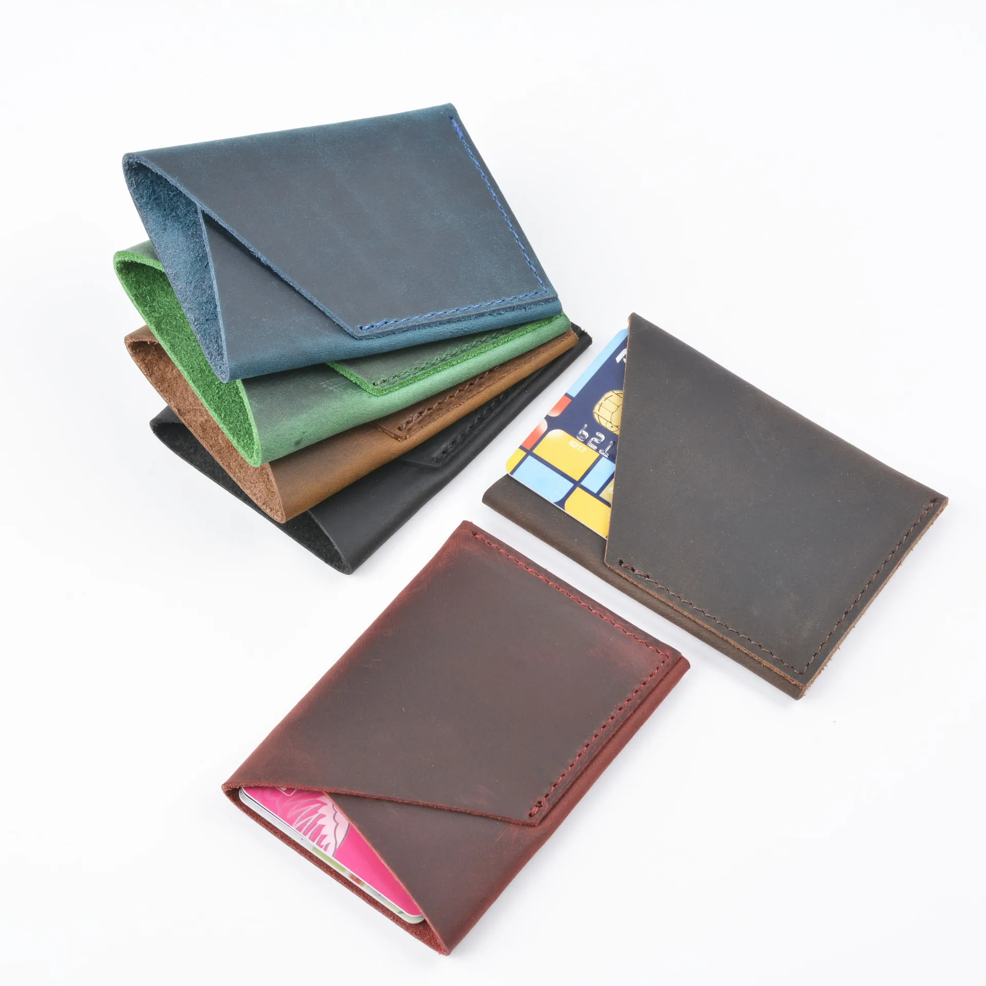 Vintage Type Handmade Wallet Crazy Horse Genuine Card Holder For Cash Credit Cards Orgnise Create Custom LOGO Gift