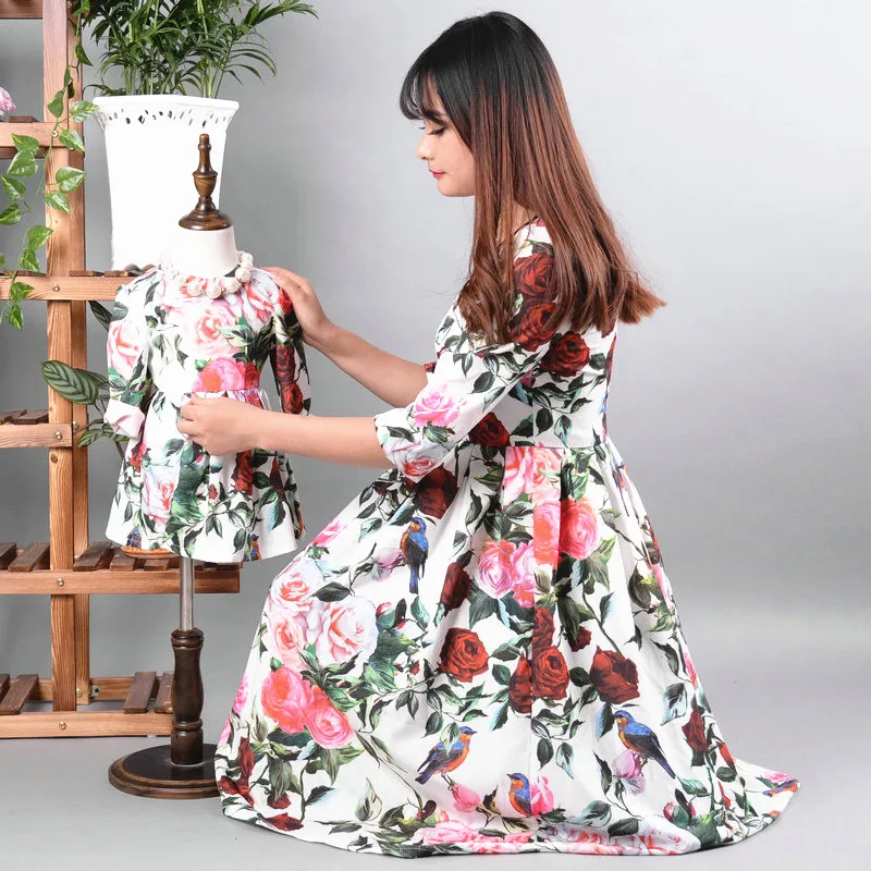 High quality fashion rose fashion family parent child one piece dress female child fashion dress and
