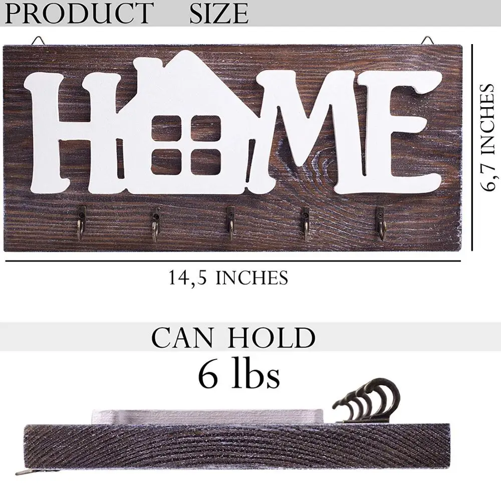 Key Holder for Wall  Home  Natural Wood | Decorative Key Hooks Ring Holder w/ 5 Hooks, Rustic House Holder for Living Area, Ki