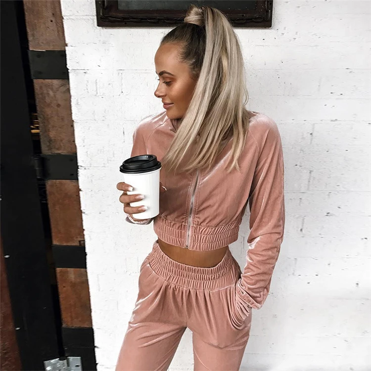 Custom Full Zipper Tracksuit Womens Pink Jogging Suit Velour Women Tracksuit Set