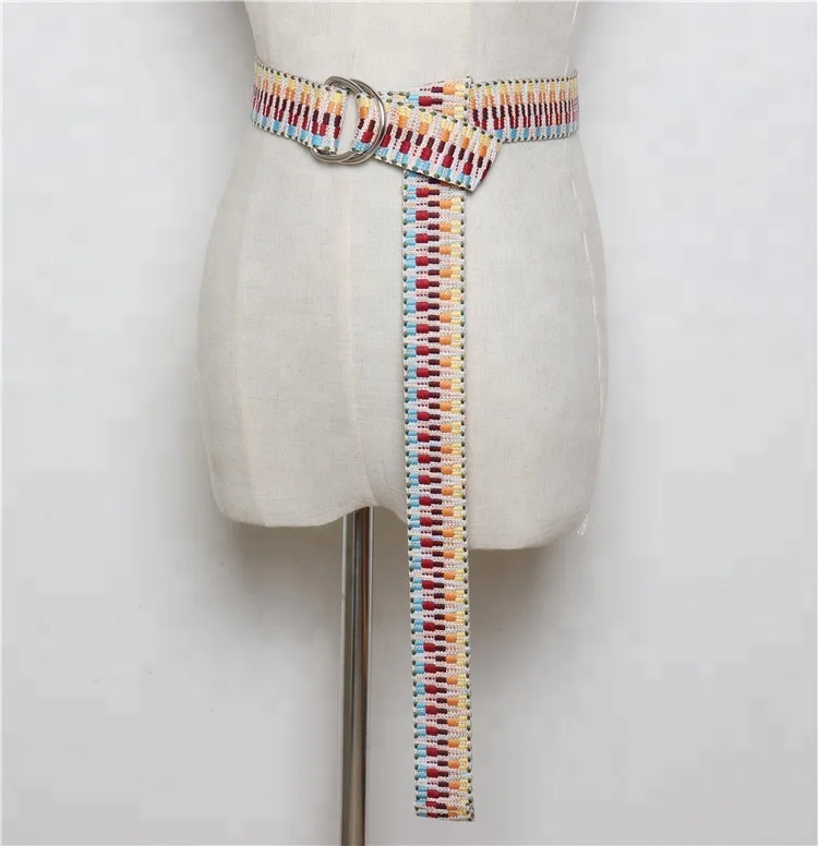 wholesale 2018 new fashion multi color ethnic canvas belts woven ladies long BF double ring belt women girdle