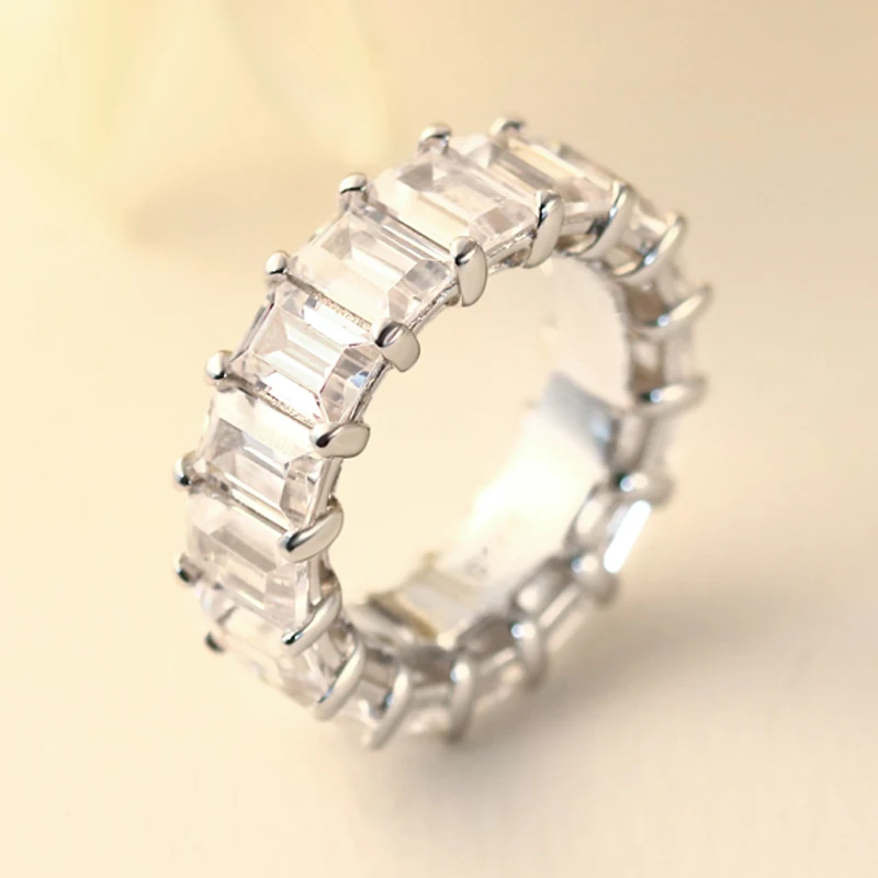 Sterling silver wedding rings big zircons Emerald Cut eternity band ring