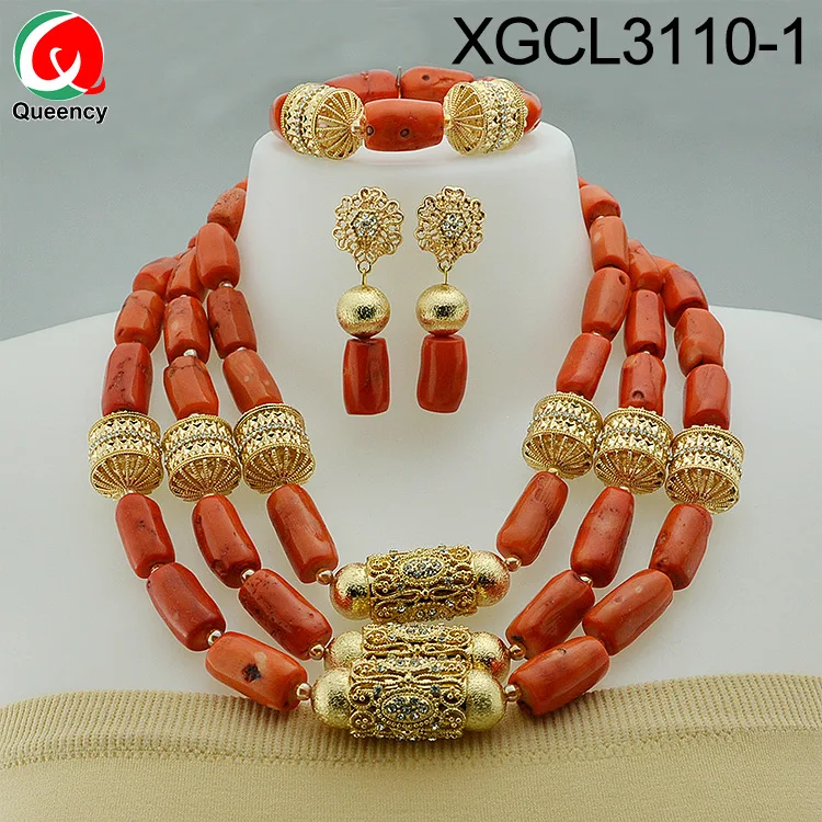 Queency High Quality Orange Coral Beads Bride Wedding Jewellery Designs Dubai Gold Jewelry Set
