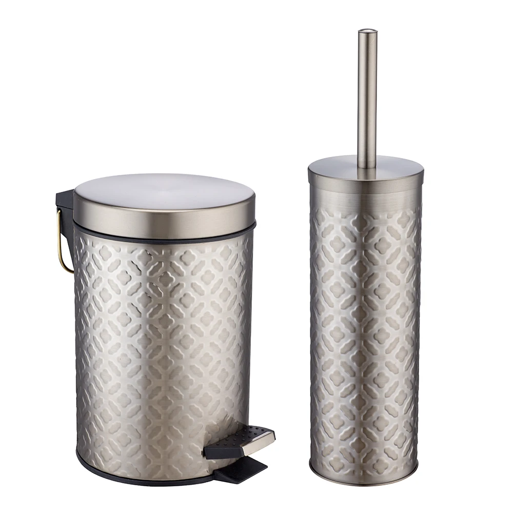 Golden 2pcs bathroom accessories stainless steel bathroom sets metal pedal waste bin with toilet brush holder sets