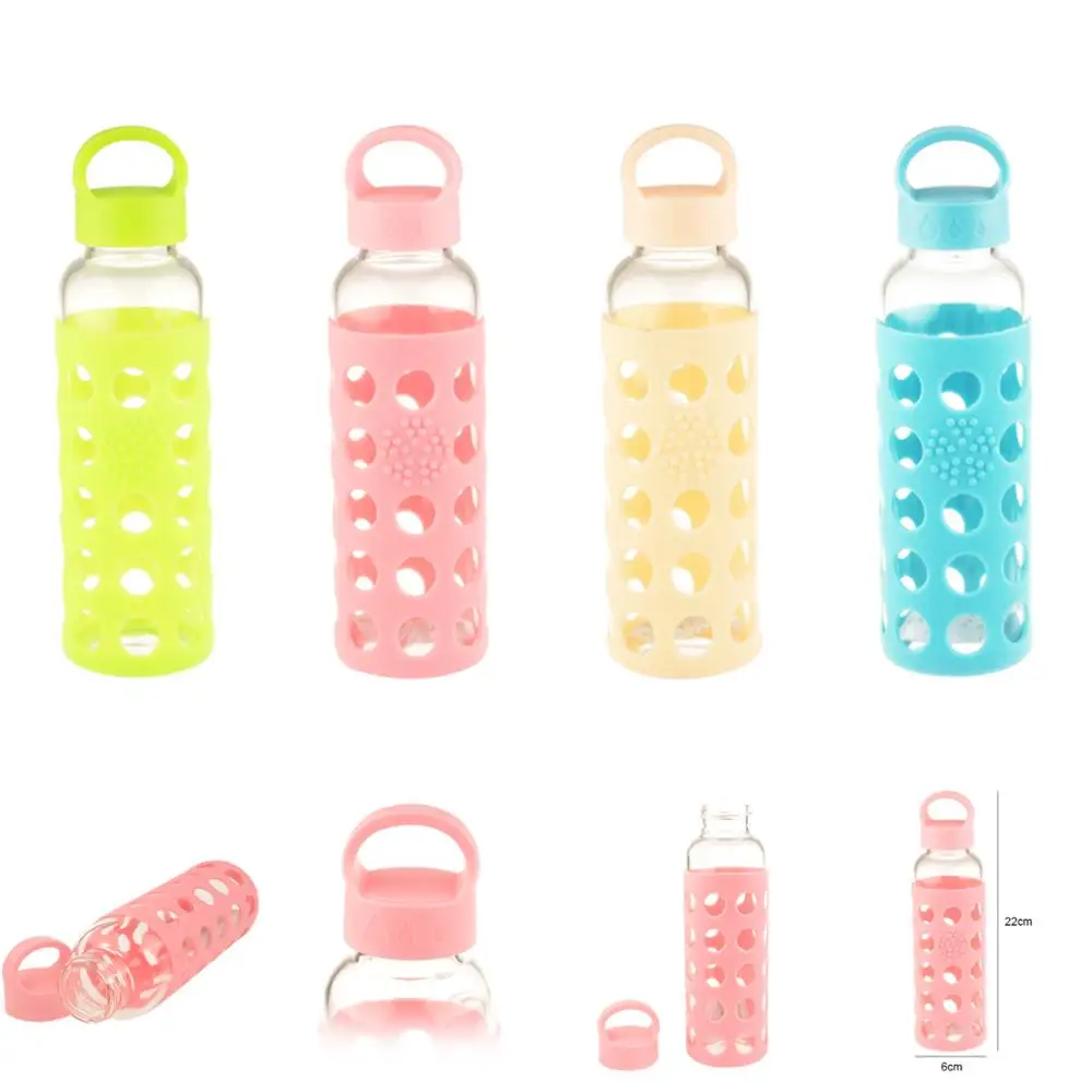 Europe style promotional drinking high borosilicate custom logo color 350ml sports glass water bottle with silicone sleeve