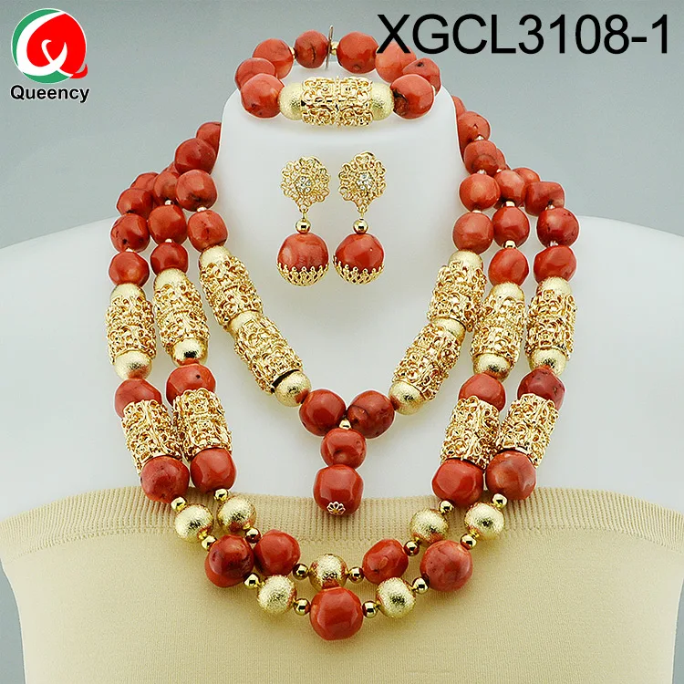 Queency High Quality Orange Coral Beads Bride Wedding Jewellery Designs Dubai Gold Jewelry Set