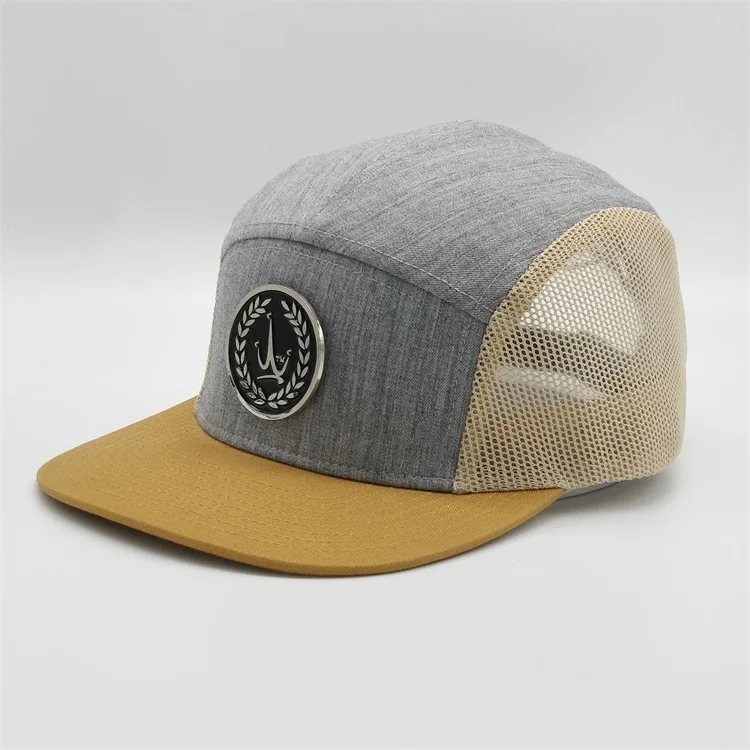 Customised Mesh Camp Caps,5 Panel Yellow Plain Caps,Flat Bill Baseball Metal Patch Camper Hat