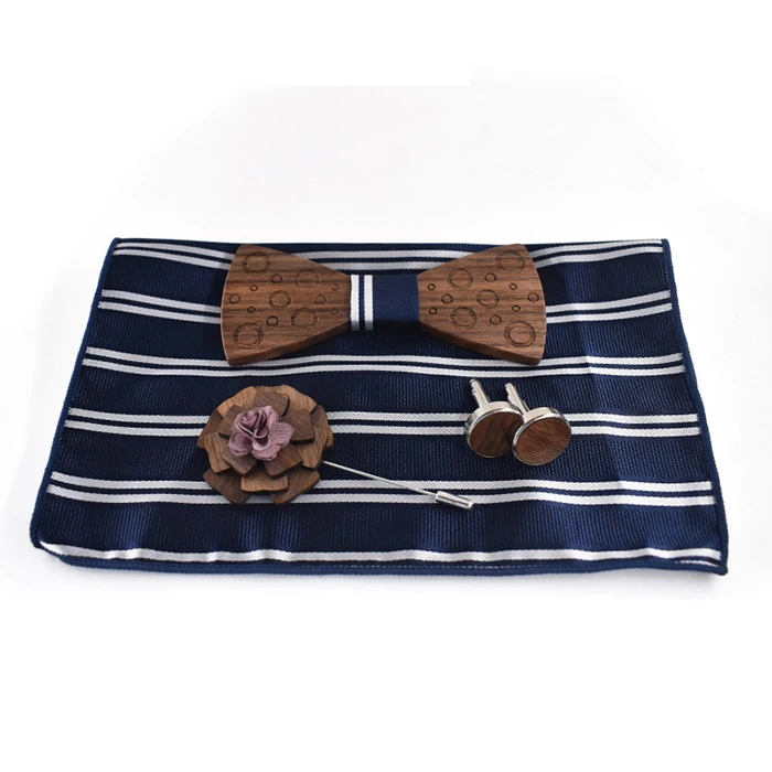 Cheap Brooch Pin Bow Tie Custom Collar Mens Boy Gift Box Wood Bowties and Hanky Sets One Wood Tie