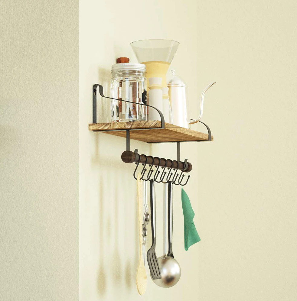 Rustic Kitchen Organizer with Wooden Board And Removable Hooks Organising Cooking Utensils Multi-Use as Spice Rack