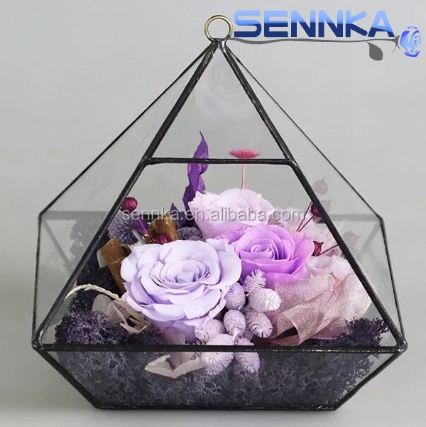 save20% 6-7cm glass flower Rose in Triangle glass for wedding table centerpieces
