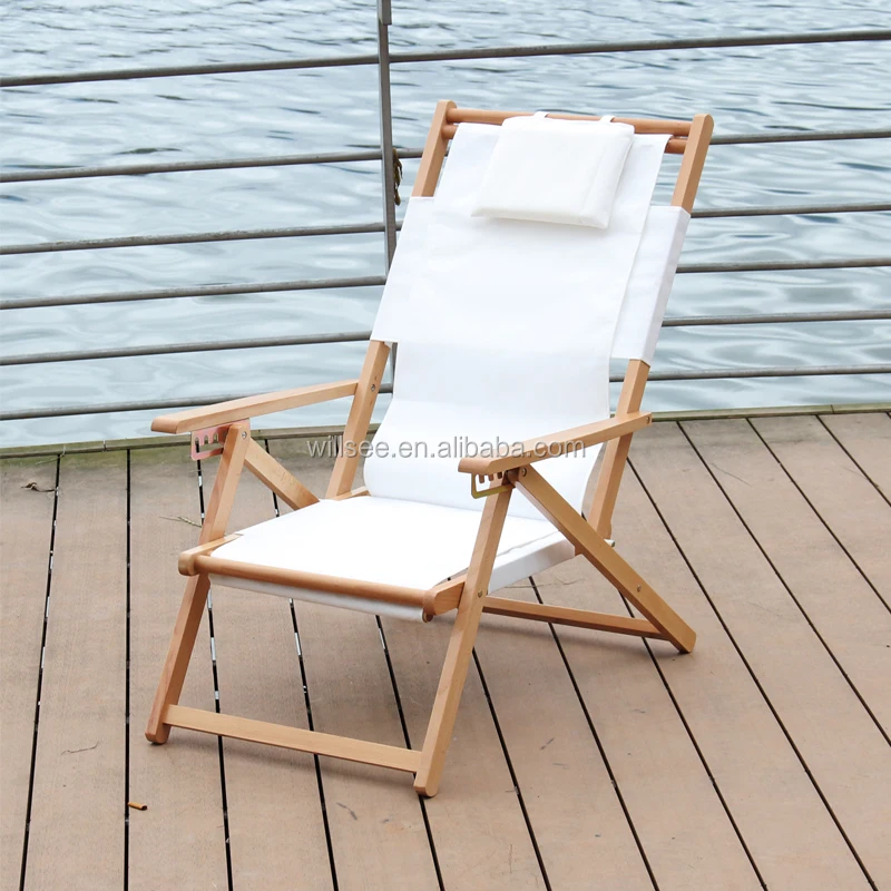 HE-1055,Promotional wooden folding beach deck chair,wood fabric deck chair with pillow with footrest