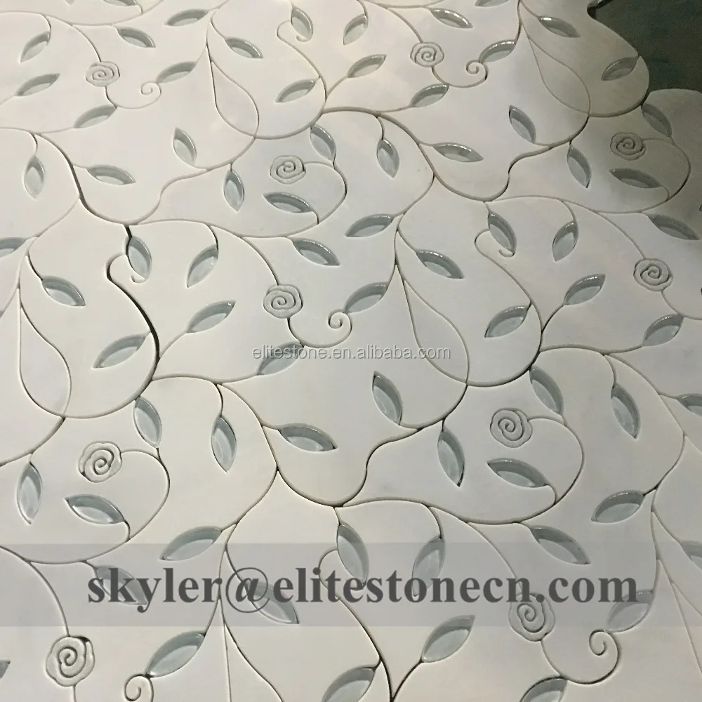 glass mixed marble flower leaves pattern waterjet tile mosaic
