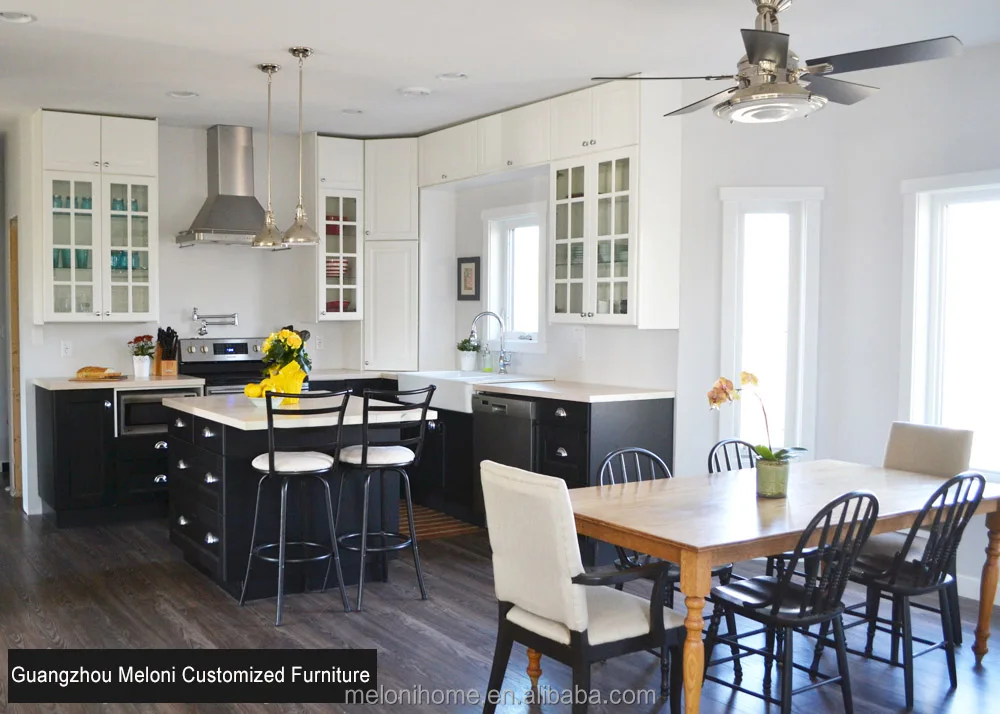 White and Black PVC Kitchen Cabinet with Glass Wall Panels Kitchen,Custom Shaker Kitchens