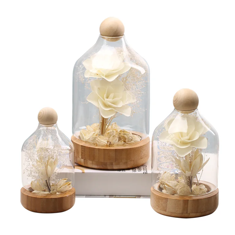 Beauty and the Beast Inspired Red Rose Flower LED Light with Fallen Petals in a Glass Dome on a Wooden Base