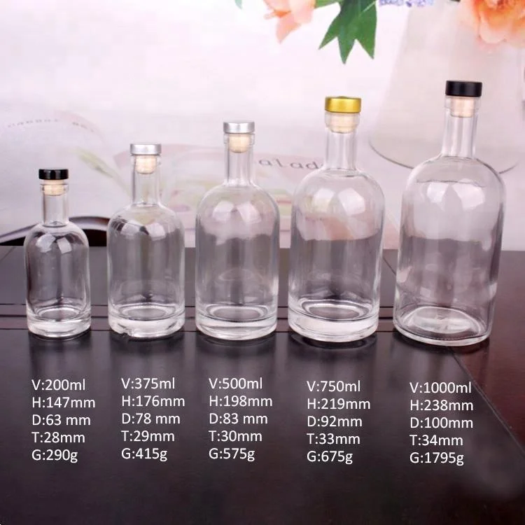 Stocked 1000ml 750ml 500ml liquor bottles vodka glass bottle with cork top lid