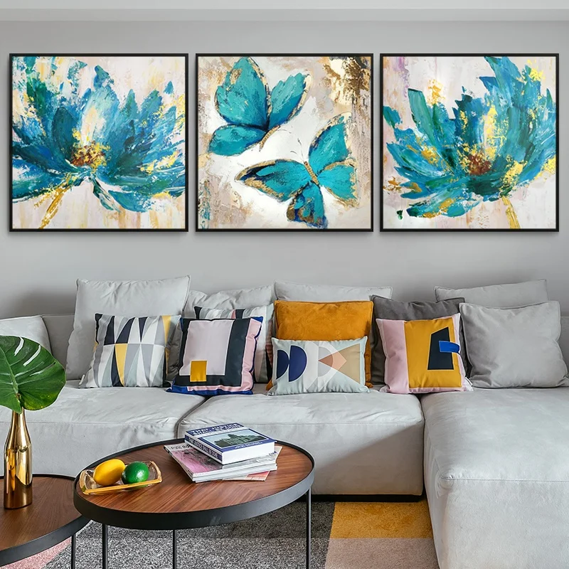 3 Panels Impression Wall Art Decor Blue Butterfly Flower hand painted canvas oil painting for decoration