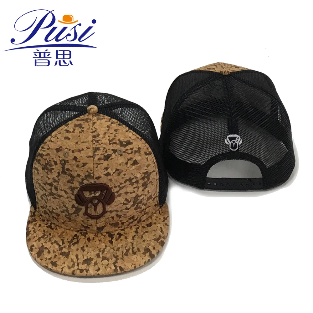 Wholesale Custom 6 Panel PU leather Brim Wood Snapback Hat Cork Cap