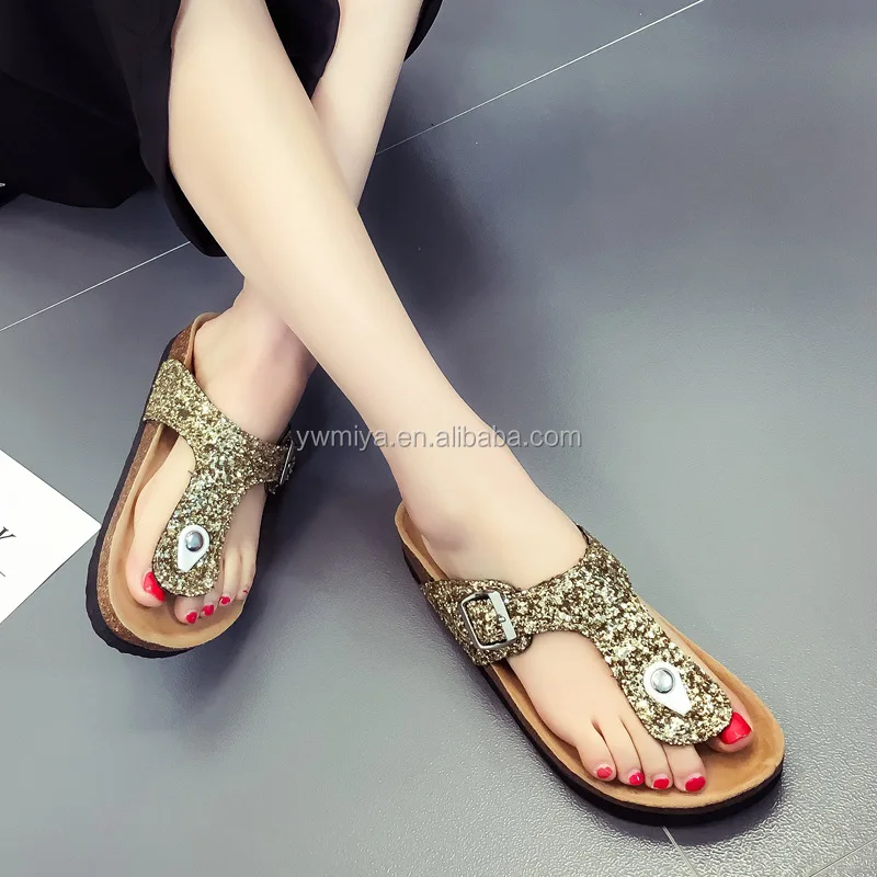 AM-678 Latest Hot selling Alice Moon In stock ladies buckle sandals wholesale sequined beach flip flop for kids & women