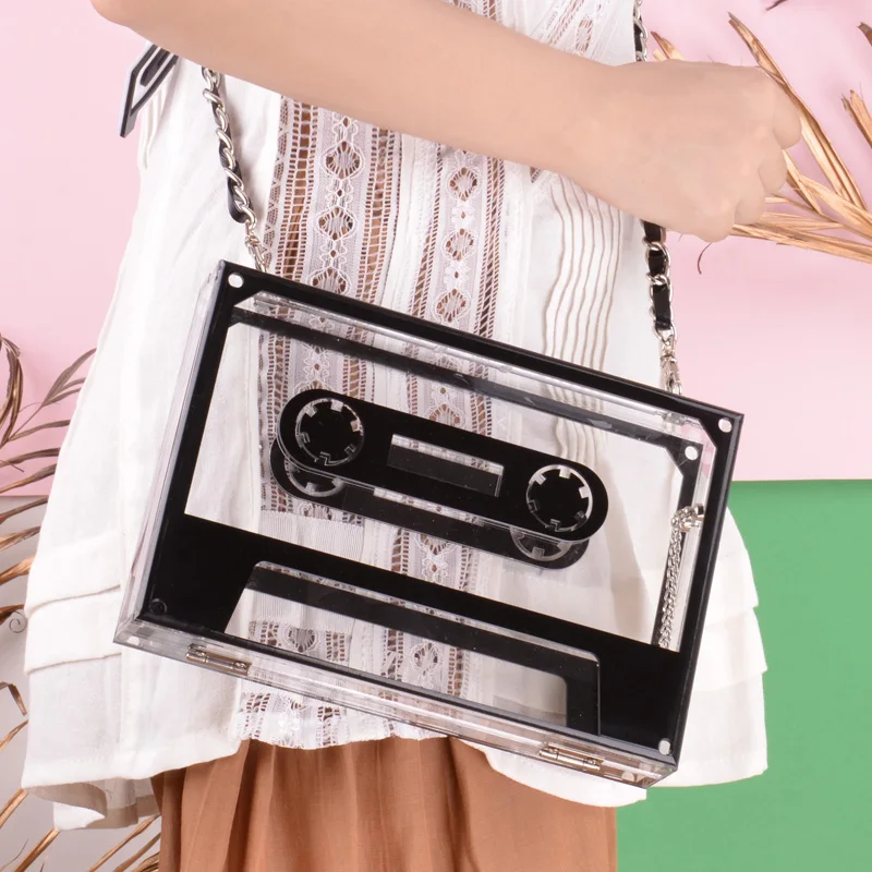 Unique Design retro tape cassette Mini Acrylic box ladies clutch purse and handbags for women