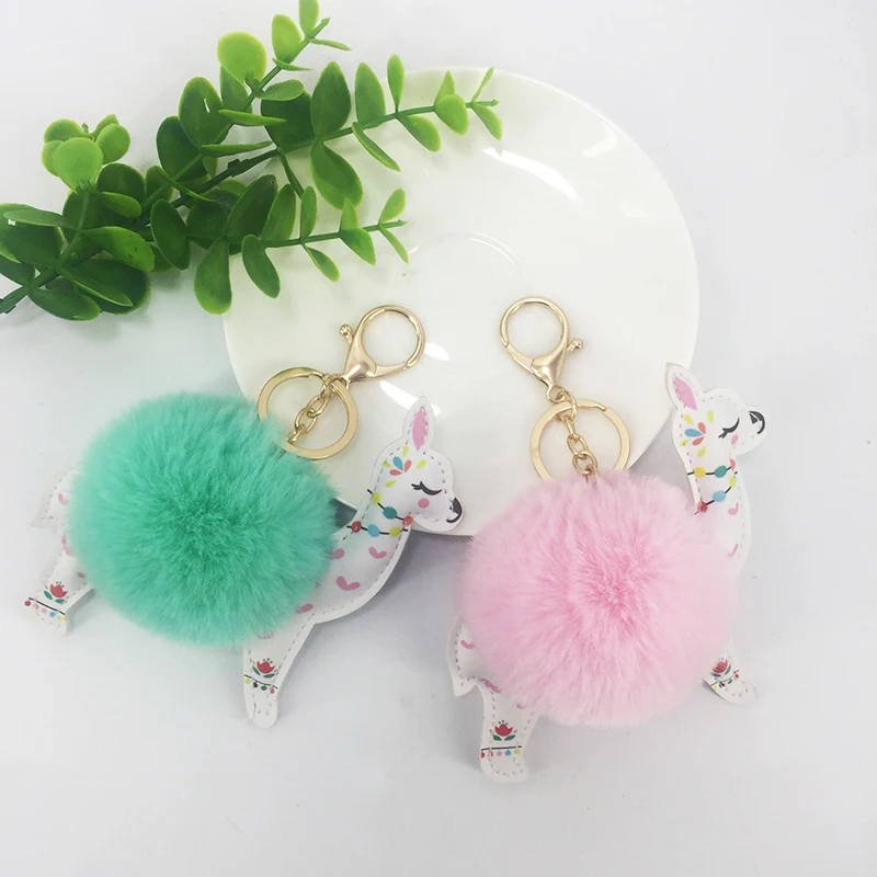 Wholesale Hot Sale Cartoon Pompom Alpaca Keychain for Bag Fur Ball Faux Fox Fur Ball Fluffy Pendant Keychain for Phone Custom
