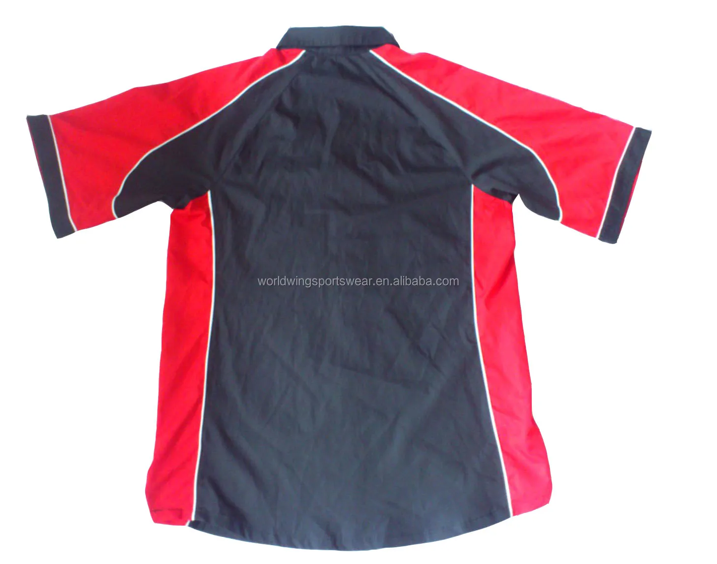 
Mens custom 65% polyester 35% cotton black and red panels embroidered mechanic work shirt 