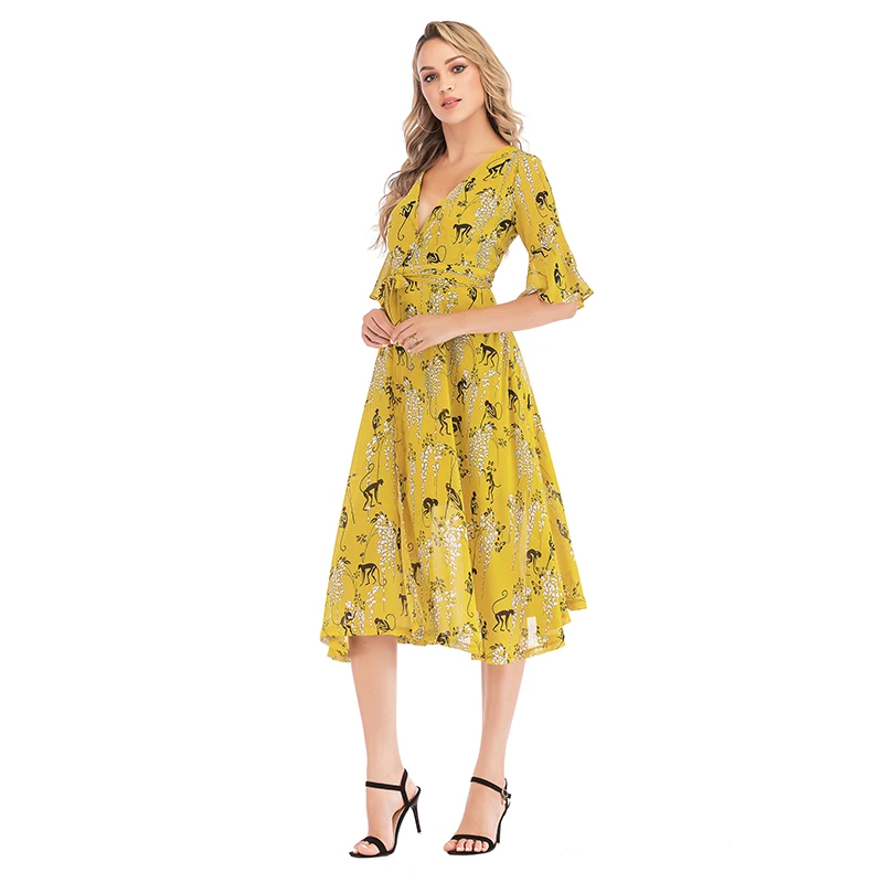 New Fashion Spring Casual Dress Flower Printed Short Sleeve Ruffle Wrap Beach Dress