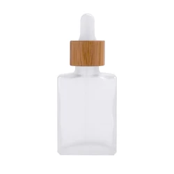 30ml Square Glass Cosmetic Bottle With Dropper and Bamboo Cap Wholesale Bamboo Dropper Bottle Biodegradable Cosmetic Bottle