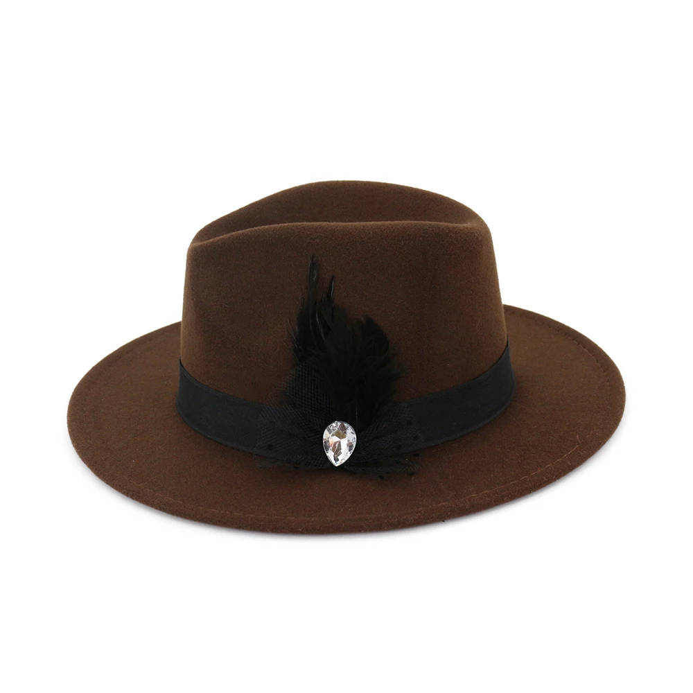 Модная фетровая Федора ручной работы, джазовая шляпа и Кепка, шляпы с широкими полями, украшение с перьями