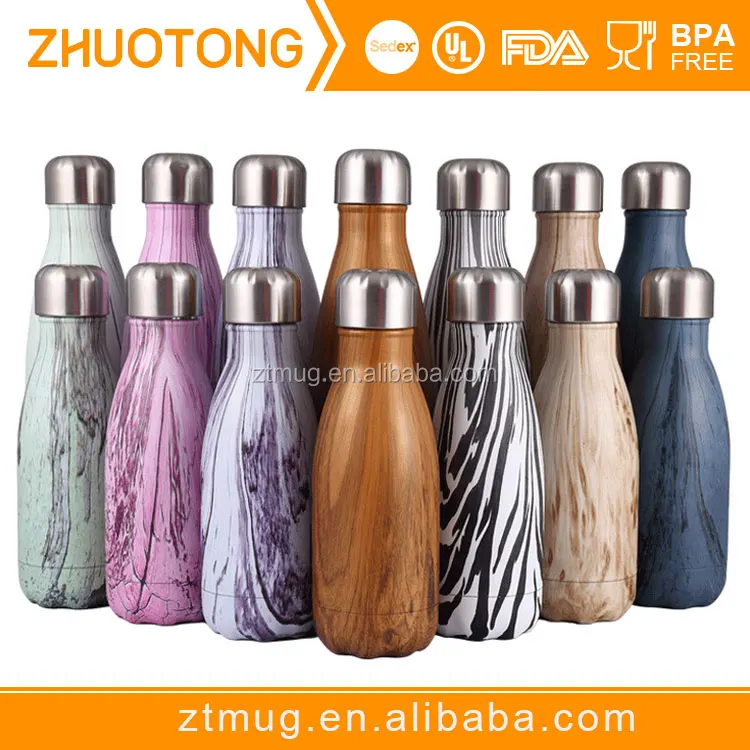 Stainless steel cola shape wooden grain pattern insulated outdoor water bottle